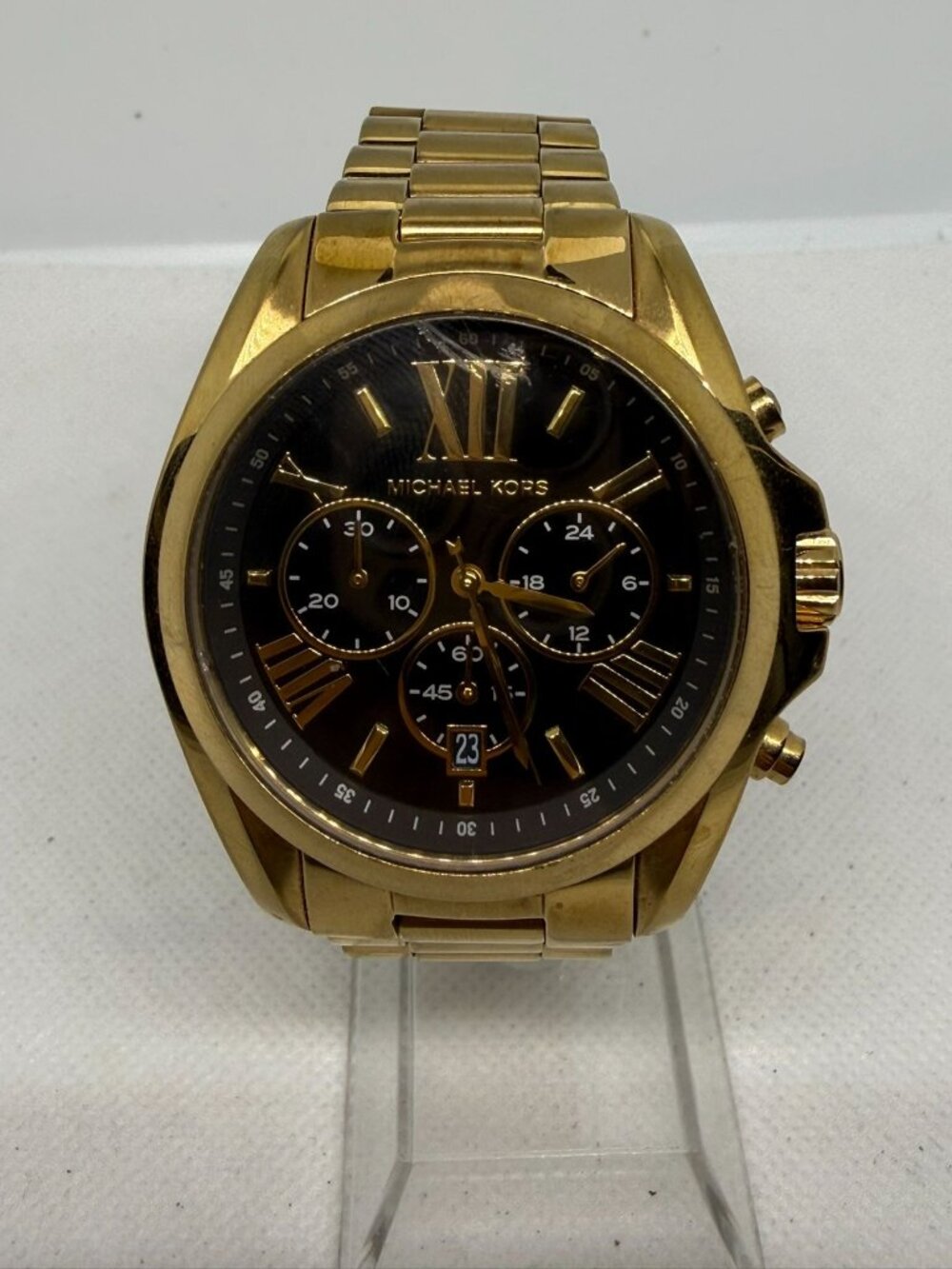 Michael Kors Bradshaw MK5739 43mm Gold Black Dial Chrono Watch Scratched Crystal